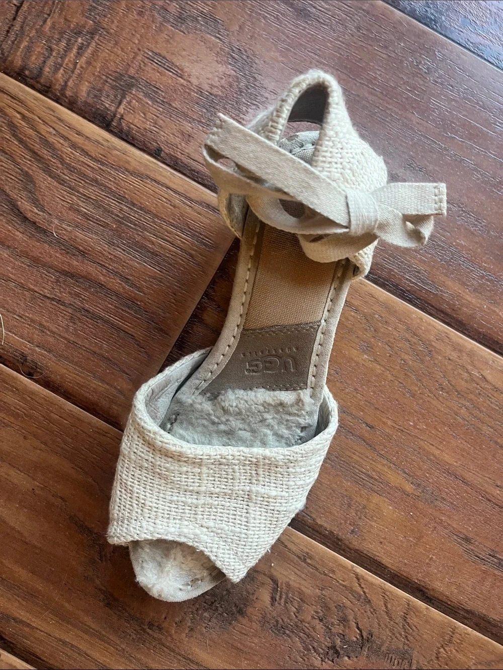 UGG Beige Espadrille Wedge Sandals with Ankle Ties